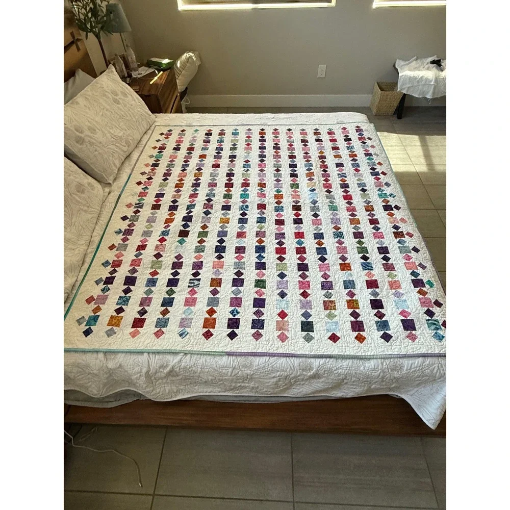 Handmade Batik Patchwork Quilt Jewel Tone Geometric White Floral Longarm Stitch